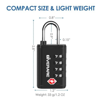 4 Pack TSA Approved Travel Luggage Locks 4-Digit, Open Alert Suitcase Combination Lock, Keyless Zipper Padlocks, TSA Accepted Compatible Padlock for Gym Locker, Golf Bag Case, Anti Theft-Black