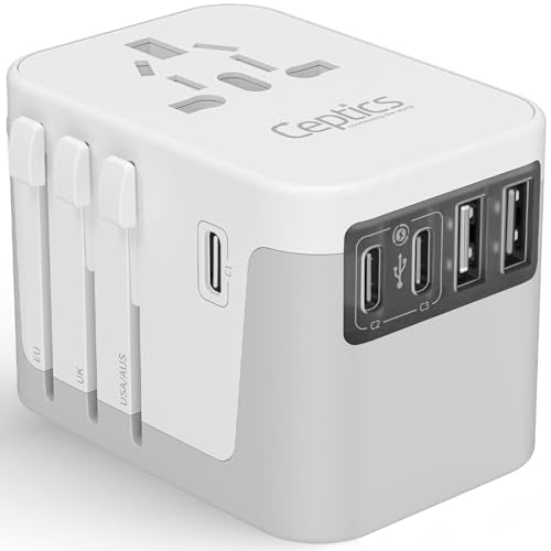 Ceptics Universal Travel Adapter, 3 USB-C + 2 USB-A with Universal Input - color: Smoke White