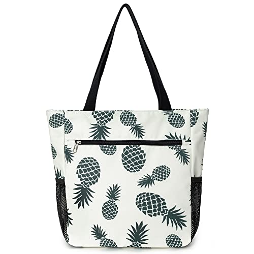 ETidy Large Capacity Foldable Tote Bag With Zipper | Water-resistant, Lightweight, Sandproof, Beach Bag, Gym Bag, Travel Shopping Bag - color: Green Pineapple