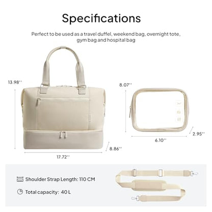 TOPEAST Travel Duffle Bag, Weekender Bags for Women with Shoe Compartment | 40L Carry On Bag with TSA Toiletry Bag & Wet Pocket for Overnight, Weekend, Hospital, Yoga, Business Trips, Sport, Gym, Beige - color: Beige