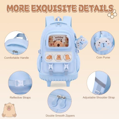 Capybara Rolling Backpack for Girls with Lunch Box & Pencil Case - color: Blue