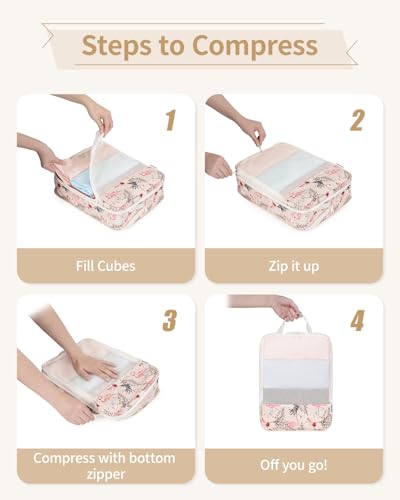 Narwey Compression Packing Cubes for Travel, Cute Luggage Organizer Bags - color: Y-Beige Flamingo
