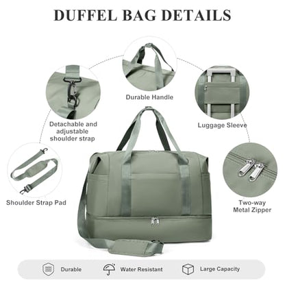 Travel Duffel Bag,Overnight Weekender Bags for Women with Shoe Compartment - color: Green