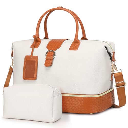 Leather Weekender Bags for Women, Travel Duffel Bag PU Overnight Bag Carry On Tote Bag with Shoe Compartment Wet Pocket - color: White Brown, size: Large