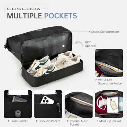 Travel Duffel Bag 18x14x8 Personal Item Bag with Shoe Compartment - color: Black