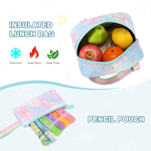 3PCS Rainbow Butterfly Rolling Backpack for Girls with Lunch Box (Blue) - color: Blue
