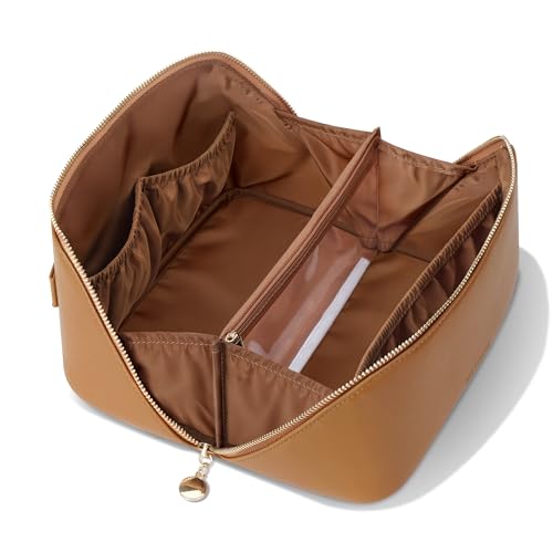 Travel Makeup Bag, Open Flat Cosmetic Bag for Women, Medium Brown - color: Brown, size: Medium