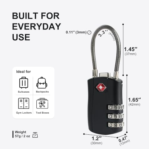 TSA Locks for Luggage, Small Padlock Combination with Cable, Luggage Locks TSA Approved, Combo Padlock with Code, for Travel Suitcase, Gym Locker, Gun Case, Backpack Zipper (Black+Black) - color: Black+Black