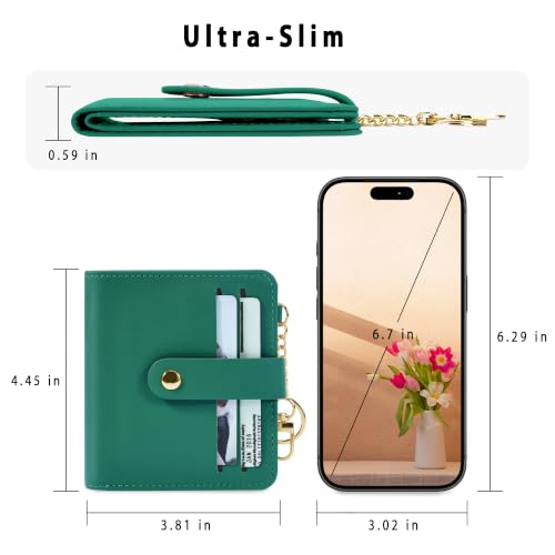 Airkit Small Wallet Women RFID, PU Leather Card Holder with Keychain - color: Deep Green
