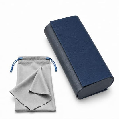 Double Sided Glasses Case Hard Shell,Sunglasses Case & Eyeglass Case with Cleaning Cloth & Storage Pouch - color: Navy Blue-drak Gray