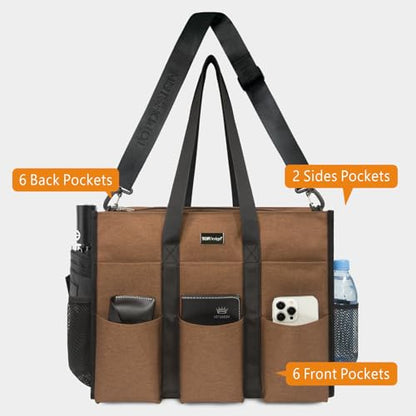 TOPDesign Utility Water Resistant Tote Bag with 22 Pockets, Zipper Closure - color: Brown, size: Large