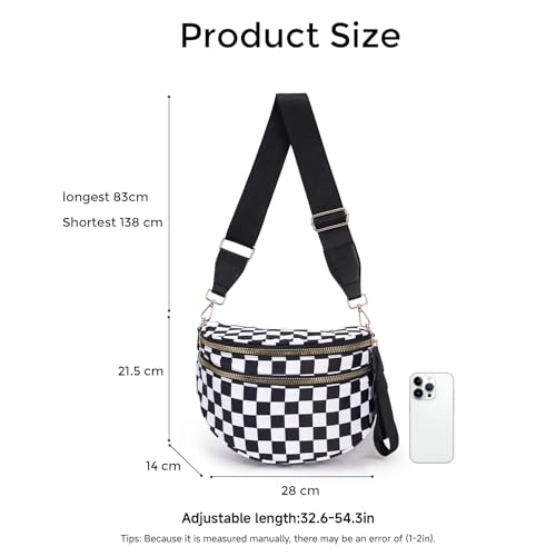 Checkered Crossbody Bags for Women Large Belt Bum Bag Nylon Fanny Packs with Adjustable Strap(CN24-Pink) - color: CN24-Pink