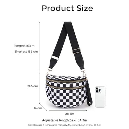 Checkered Crossbody Bags for Women Large Belt Bum Bag Nylon Fanny Packs with Adjustable Strap(CN24-Pink) - color: CN24-Pink