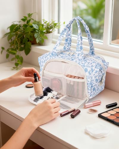 Narwey Travel Toiletry Bag for Women, Large Makeup Cosmetic Organizer Bag - color: ZA-Little Blue Flower