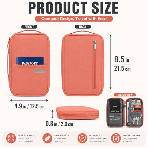 Travel Document Organizer with RFID, Family Passport Holder, Wallet for Women & Men, Portable & Waterproof Case for Cards, Boarding Pass, Tickets with Zipper ﻿