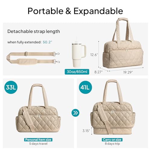 TOPEAST Duffel Bag for Women Travel, Expandable Quilted Duffle Weekender Overnight Bag with Adjustable Strap, Lightweight 33L Personal Item Bag Carry On for Gym Hospital - color: Camel