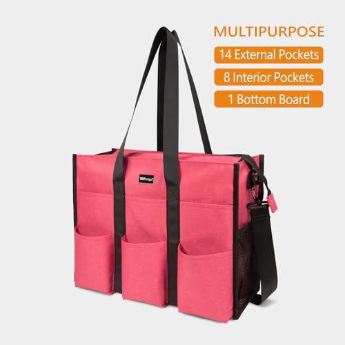 TOPDesign Utility Water Resistant Tote Bag with 22 Pockets, Zipper Closure - color: Light Red, size: Medium