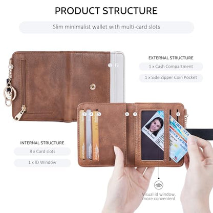POIUGOYA Slim Wallet for Women RFID Card Holder Keychain - color: Black/White/Brown