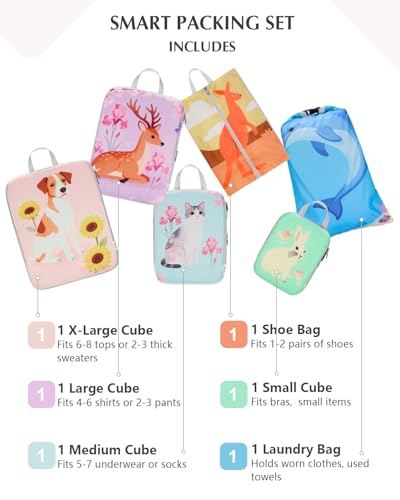Gonex 6-Piece Compression Packing Cubes with Shoe & Laundry Bags - color: 6-Animals, size: 6 Set