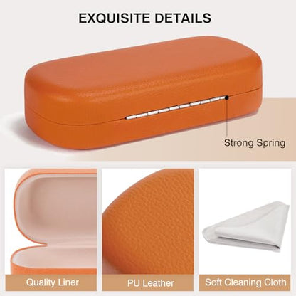 Marvolia Glasses Case Hard Shell Large Eyeglasses Case | PU Leather Protective Cases for Sunglasses Eyeglasses with Cleaning Cloth for Men Women - color: Orange
