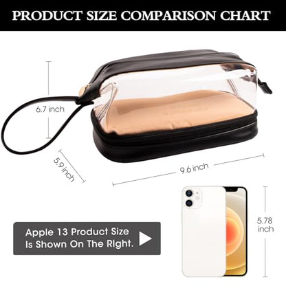 Abiudeng Large Capacity Makeup Bag Ladies Cosmetic Bag Travel Bag with Compartments Portable PU Leather Travel Makeup Bag with Handle - color: Clear-Black