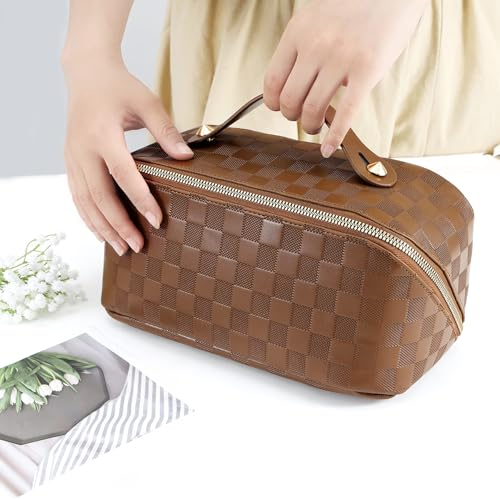 ALEXTINA Travel Makeup Bag, Checkered PU Leather Cosmetic Bag, Brown - color: brown, size: Medium
