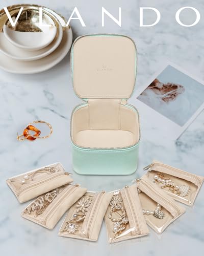 VLANDO Jewelry Box with 6 Clear Velvet Zipper Pouches,Lake Blue - color: E.6 PCS Lake Blue