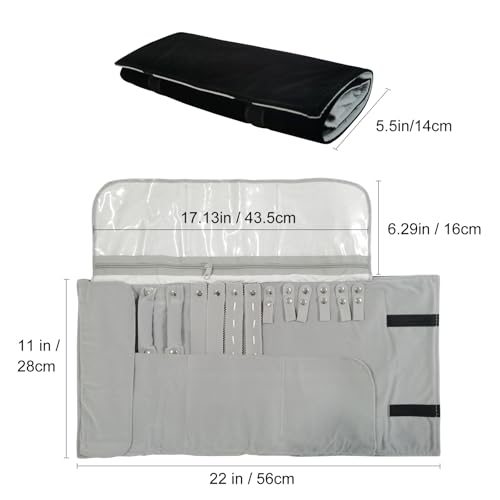 Travel Jewelry Case, Velvet Jewelry Organizer Roll Bag - color: Grey and Black