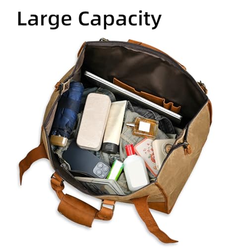 Water Resistant Canvas + Leather Travel Luggage Tote Duffle Gym Suitcase Weekender Overnight Bag For Men Male FB8151 (A-Brown) - color: Khaki