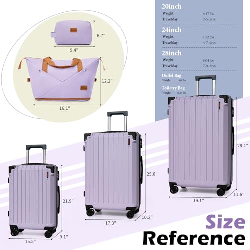 Eeeza Luggage Sets 5 Piece,Lightweight Durable Hardshell,20/24/28 Inch - color: Purple