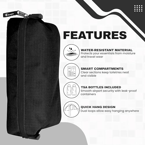 Champion Hanging Dopp Kit, Travel-Sized Polyester Bag, Water-Resistant True Black - style: True Black