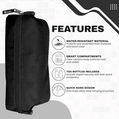Champion Hanging Dopp Kit, Travel-Sized Polyester Bag, Water-Resistant True Black - style: True Black