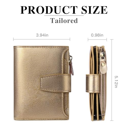FALAN MULE Small Wallet Women RFID Blocking Leather Bifold Compact Card Holder Wallet with Zipper Coin Pocket - color: Bronze