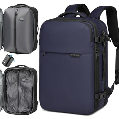 45L Travel Backpack with Vacuum Compression System Fits 16" Laptop | Expandable Carry On Backpack with Pump, Water Resistant, TSA Lock, Vacuum Backpack for Travel & Business - color: Blue