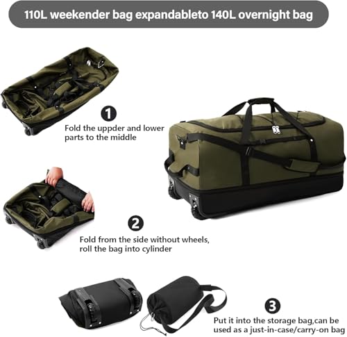 Rolling Duffle Bag with Wheels,110L/140L Expandable Soft-Sided Foldable Duffle Bag with 2 Rubber Wheels,Packable 32” Rolling Carry-On with Pockets & Compartments (Green) - color: Green