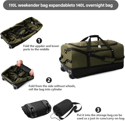 Rolling Duffle Bag with Wheels,110L/140L Expandable Soft-Sided Foldable Duffle Bag with 2 Rubber Wheels,Packable 32” Rolling Carry-On with Pockets & Compartments (Green) - color: Green