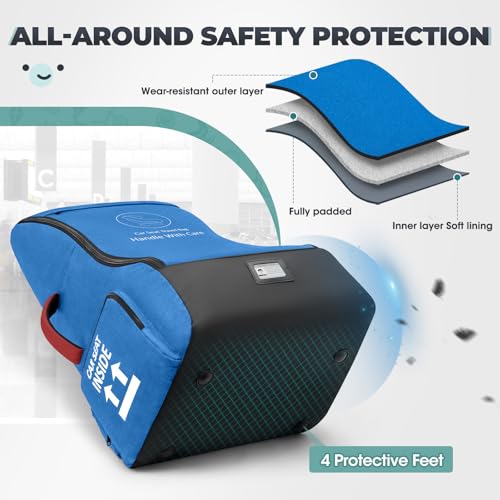 RAINSMORE Padded Car Seat Travel Bag for Airplane Car Seat Backpack, Blue - color: Blue&Black