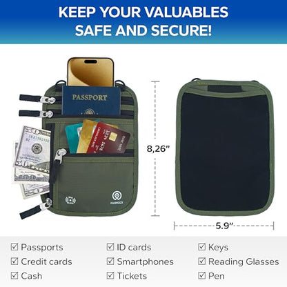 Neck Wallet – Travel Pouch and RFID Blocking Passport Holder for Women and Men, Slim Travel Wallet (Army Green) - color: Army Green