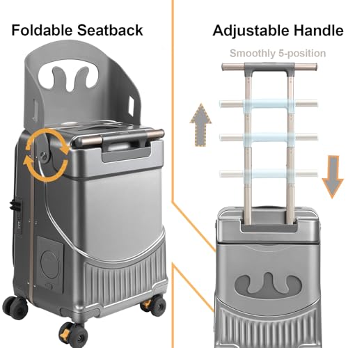 Ride On Suitcase for Kids Ages 2-12, Widened Handle Luggage with Seat & Front Pocket, Lightweight Hardshell Travel Case with 360° Silent Spinner Wheels and TSA Approved Lock,Grey - color: Grey