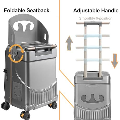 Ride On Suitcase for Kids Ages 2-12, Widened Handle Luggage with Seat & Front Pocket, Lightweight Hardshell Travel Case with 360° Silent Spinner Wheels and TSA Approved Lock,Grey - color: Grey