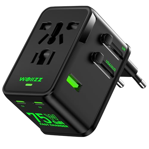 75W Travel Adapter, GaN Fast Charging European Power Universal Adapter with 5 Ports (1 AC, 1 USB-A, and 3 USB-C), Plug Adapter with Smart Chip for Over 200 Countries, PD&QC Charger, Black - color: Black