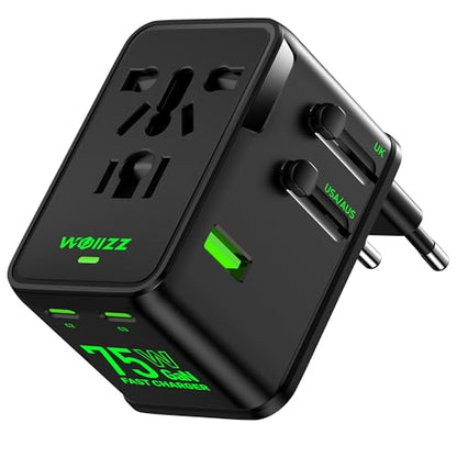 75W Travel Adapter, GaN Fast Charging European Power Universal Adapter with 5 Ports (1 AC, 1 USB-A, and 3 USB-C), Plug Adapter with Smart Chip for Over 200 Countries, PD&QC Charger, Black - color: Black