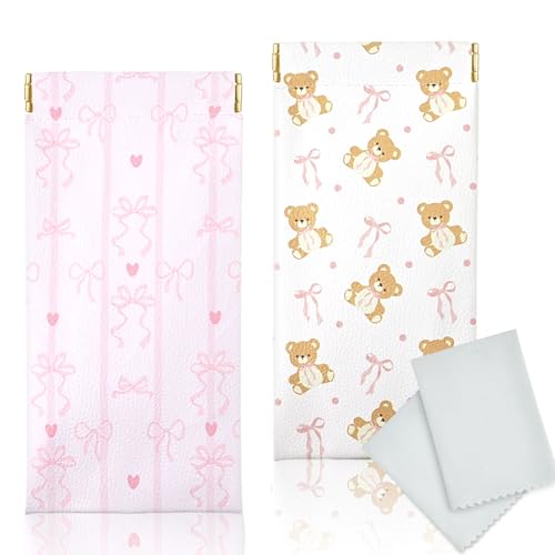 Soft Glasses Case, 2 Pcs Portable PU Leather Squeeze Top Eyeglasses Cases, Cute Sunglasses Pouch Bag for Women - color: 2pcs Striped Bow+ Bear Bow