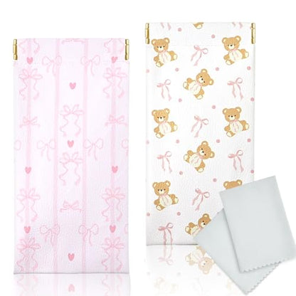 Soft Glasses Case, 2 Pcs Portable PU Leather Squeeze Top Eyeglasses Cases, Cute Sunglasses Pouch Bag for Women - color: 2pcs Striped Bow+ Bear Bow