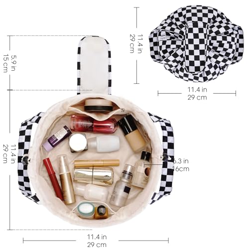 Narwey Lay Flat Drawstring Makeup Bag, Travel Toiletry Cosmetic Bag Women - color: Z-Black Checkerboard