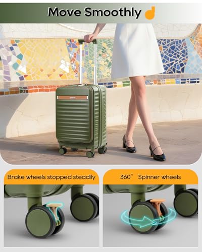 Joyway 20 Inch Carry On Luggage with Front Pocket and Cup Holder, Green - color: Green, size: 20 Inch