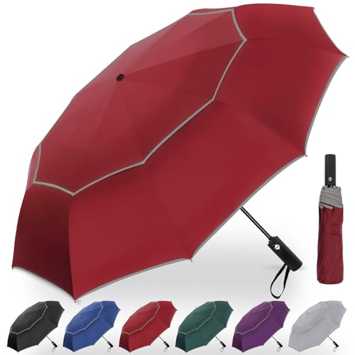 Satol Extra Large Golf Umbrella, 46/54/62 Inch Windproof 10 Ribs Vented Double Canopy Reflective Strips Automatic Open/Close Waterproof UV Protection Portable Compact Umbrella for Outdoor & Travel - color: Red Round Handle, size: 62 Inch