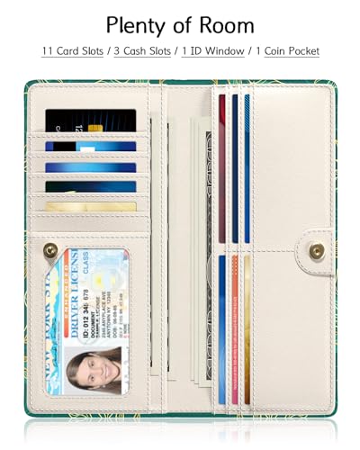 Womens Wallet, RFID Slim Wallet, Credit Card Holder Purse, Leather Bifold - color: Luxury Green Leaf