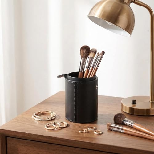 PU Leather Makeup Brush Holder Travel Makeup Brushes Case Makeup Brush Case Organizer Cosmetic Cup Cylinder Makeup Brush Storage Box with Button for Women (Black)