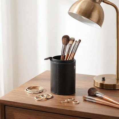 PU Leather Makeup Brush Holder Travel Makeup Brushes Case Makeup Brush Case Organizer Cosmetic Cup Cylinder Makeup Brush Storage Box with Button for Women (Black)